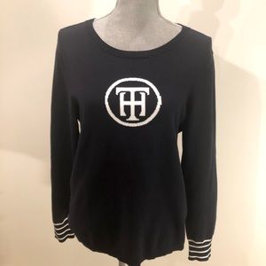 Tommy Hilfiger Circle Logo Crew Neck Navy & White Cotton Sweater Size L